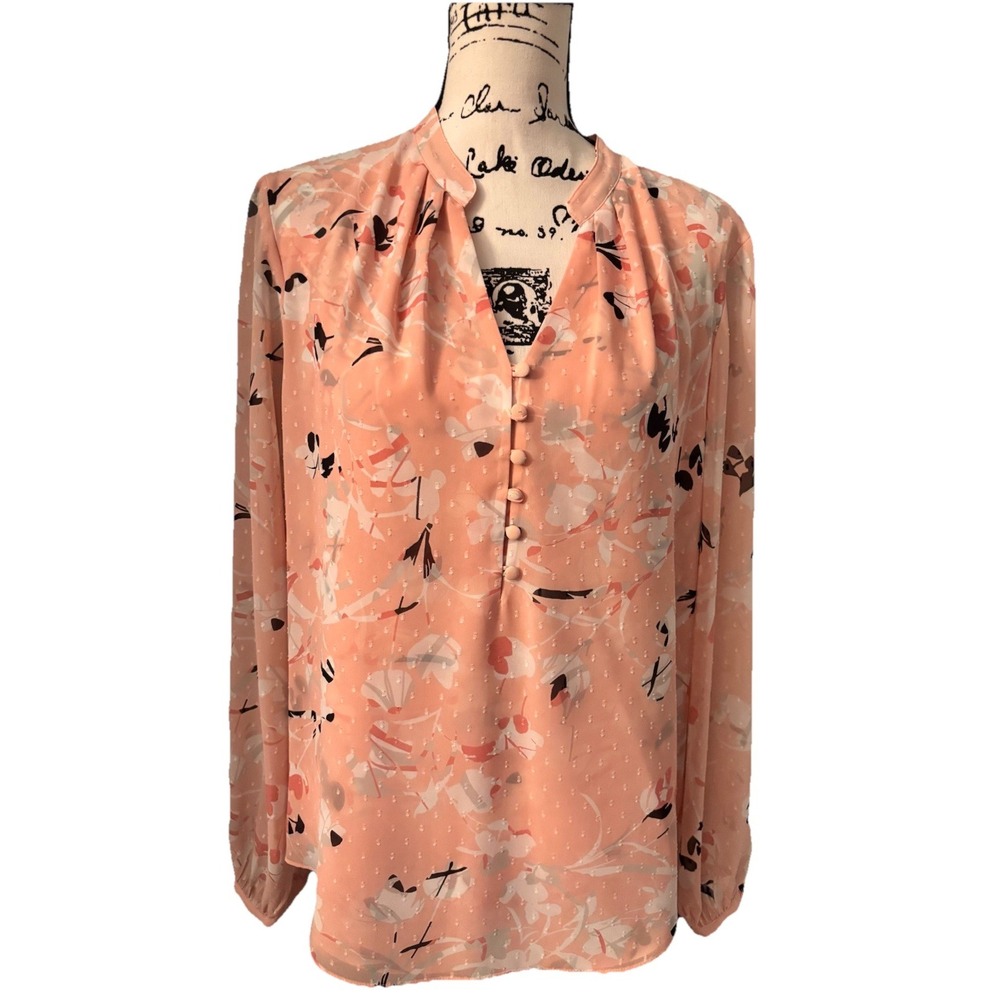 White House Black Market Women's Flowy Pink Floral Chiffon Henley Blouse Sz 12